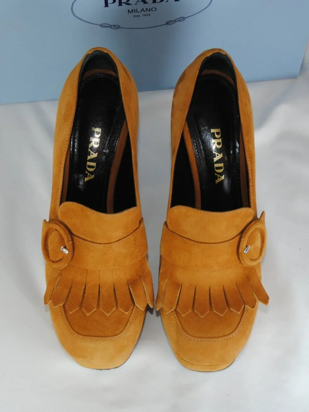 Prada Caramel Suede Fringe Platform Loafers Size 37.5